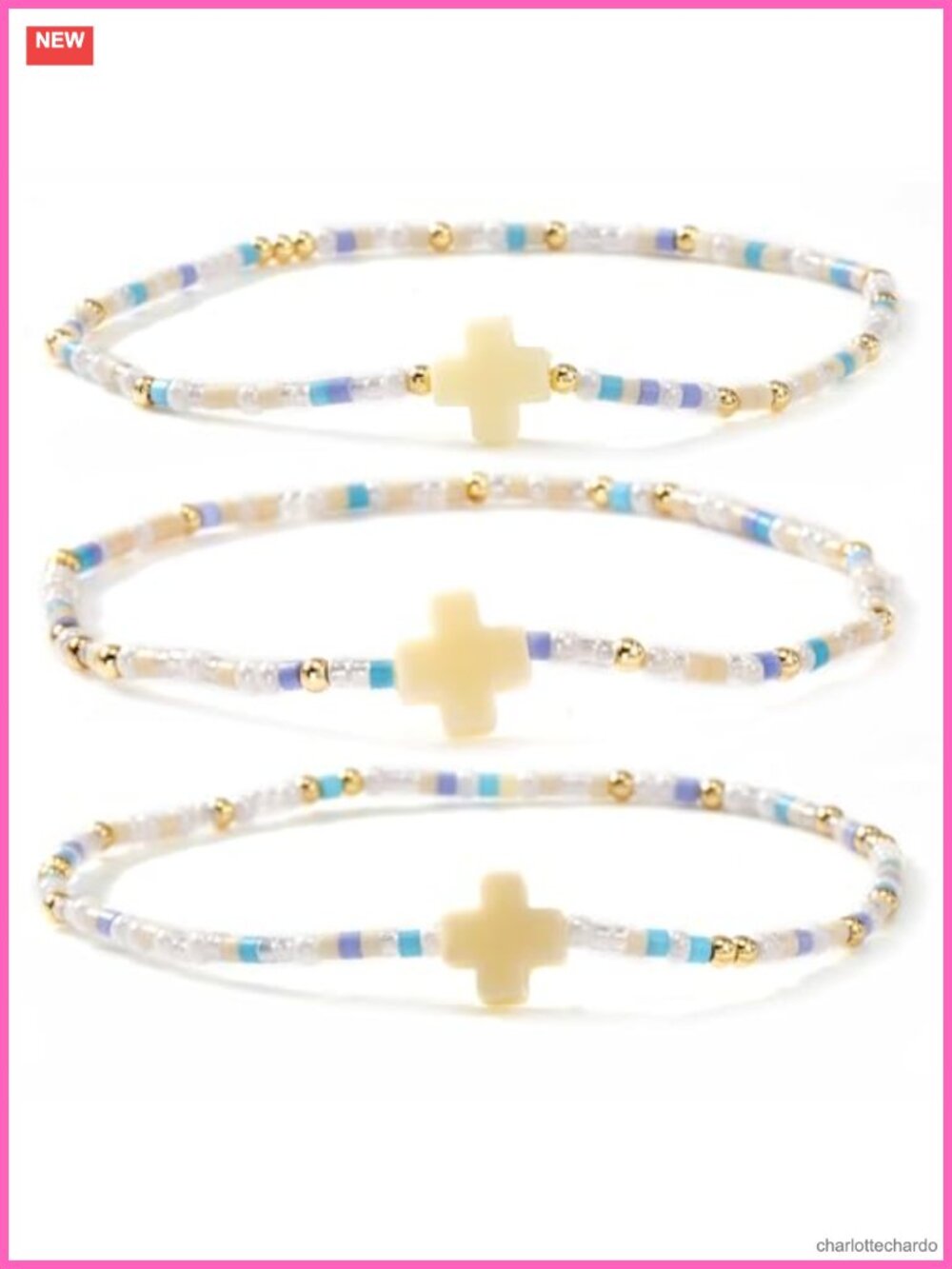 Gold Plated Seed Beaded Stretch Bracelet Set Cross Charm 3pc Stackable